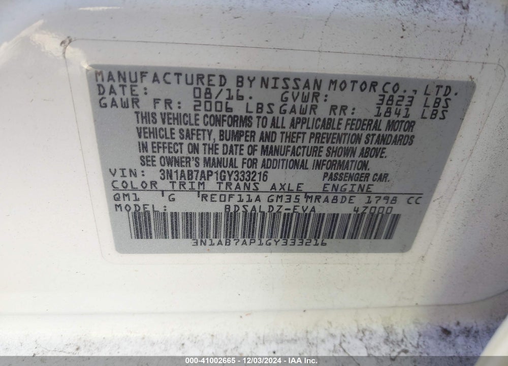 2016 NISSAN SENTRA SV VIN: 3N1AB7AP1GY333216