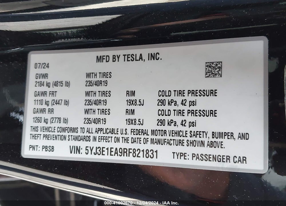 2024 TESLA MODEL 3 VIN: 5YJ3E1EA9RF821831