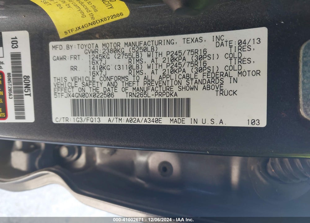 2013 TOYOTA TACOMA DOUBLE CAB VIN: 5TFJX4GN0DX022506