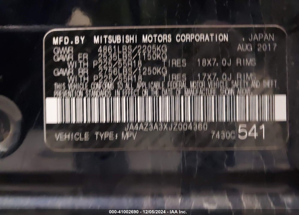 2018 MITSUBISHI OUTLANDER SE VIN: JA4AZ3A3XJZ004360