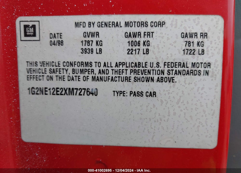 1999 PONTIAC GRAND AM SE1 VIN: 1G2NE12E2XM727640