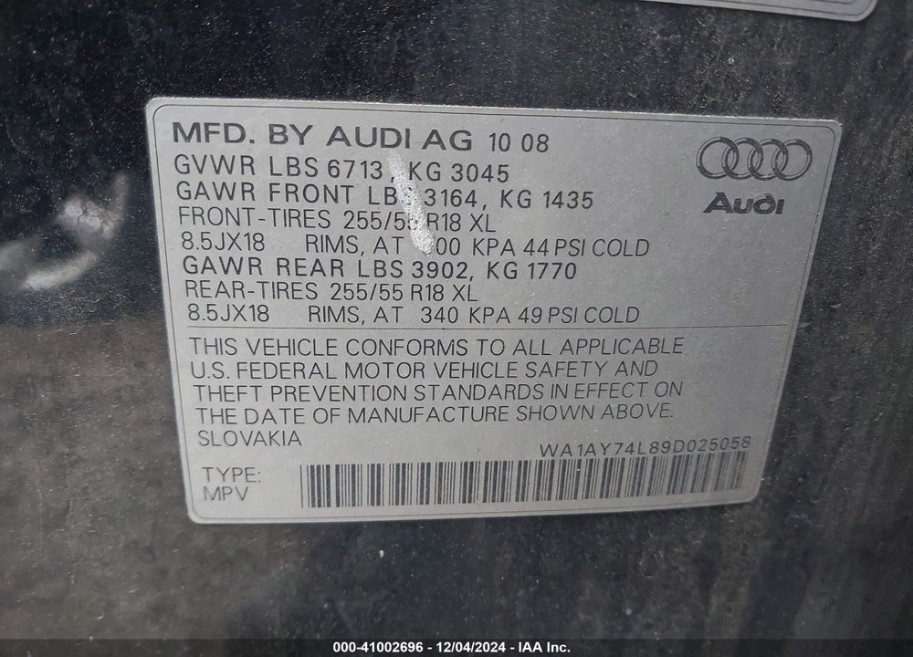 2009 AUDI Q7 3.6 5 PASSENGER/3.6 PREMIUM VIN: WA1AY74L89D025058