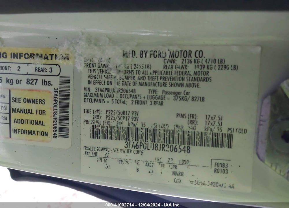 2018 FORD FUSION HYBRID SE VIN: 3FA6P0LU8JR206548