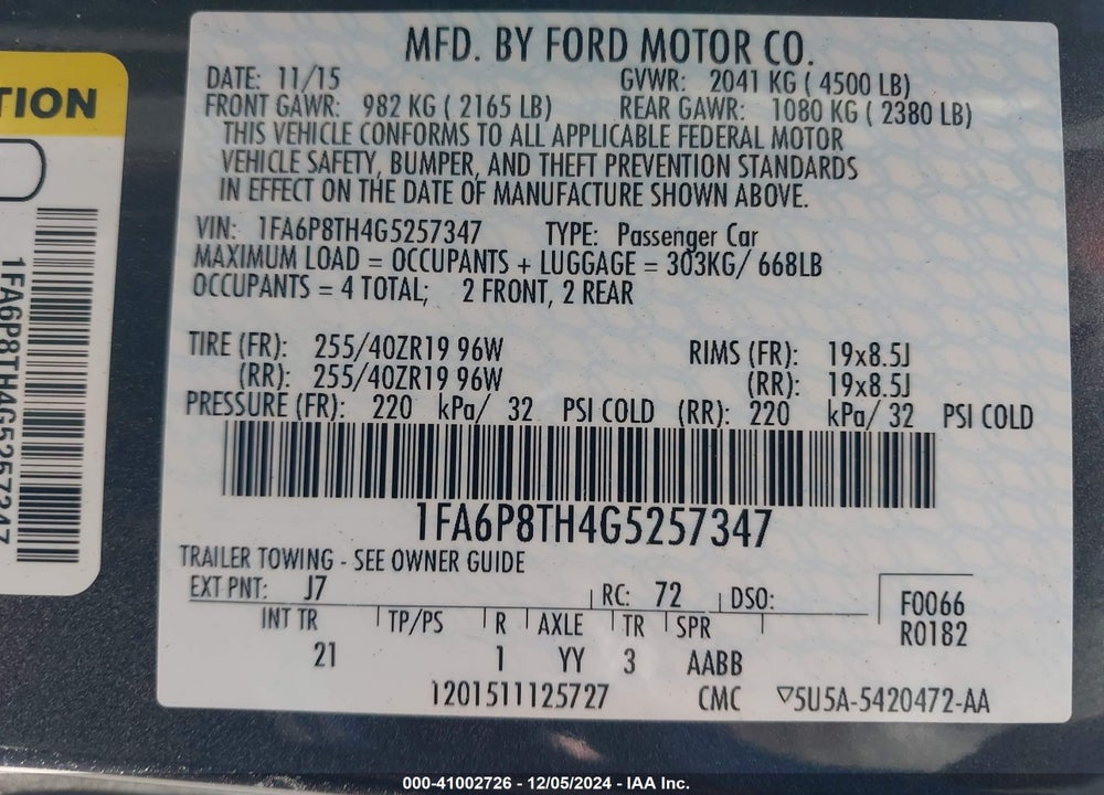 2016 FORD MUSTANG ECOBOOST VIN: 1FA6P8TH4G5257347