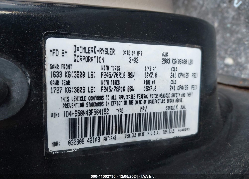 2003 DODGE DURANGO SLT PLUS VIN: 1D4HS58N43F564152