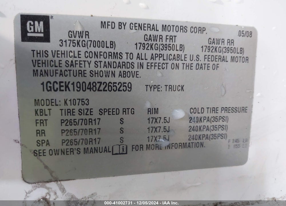 2008 CHEVROLET SILVERADO 1500 LT1 VIN: 1GCEK19048Z265259