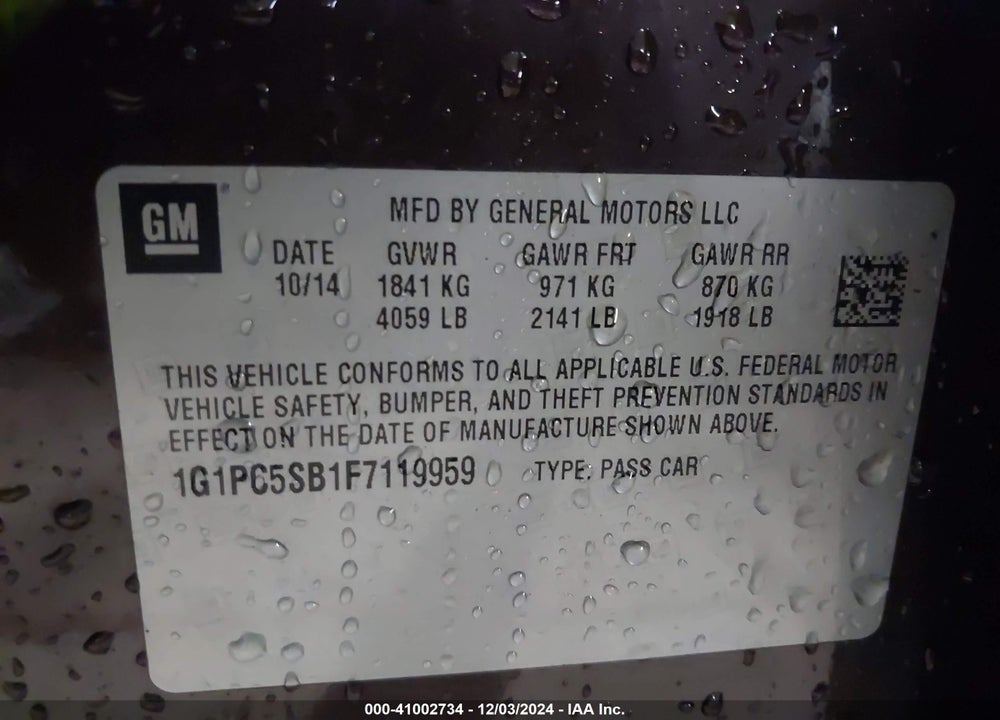 2015 CHEVROLET CRUZE 1LT AUTO VIN: 1G1PC5SB1F7119959