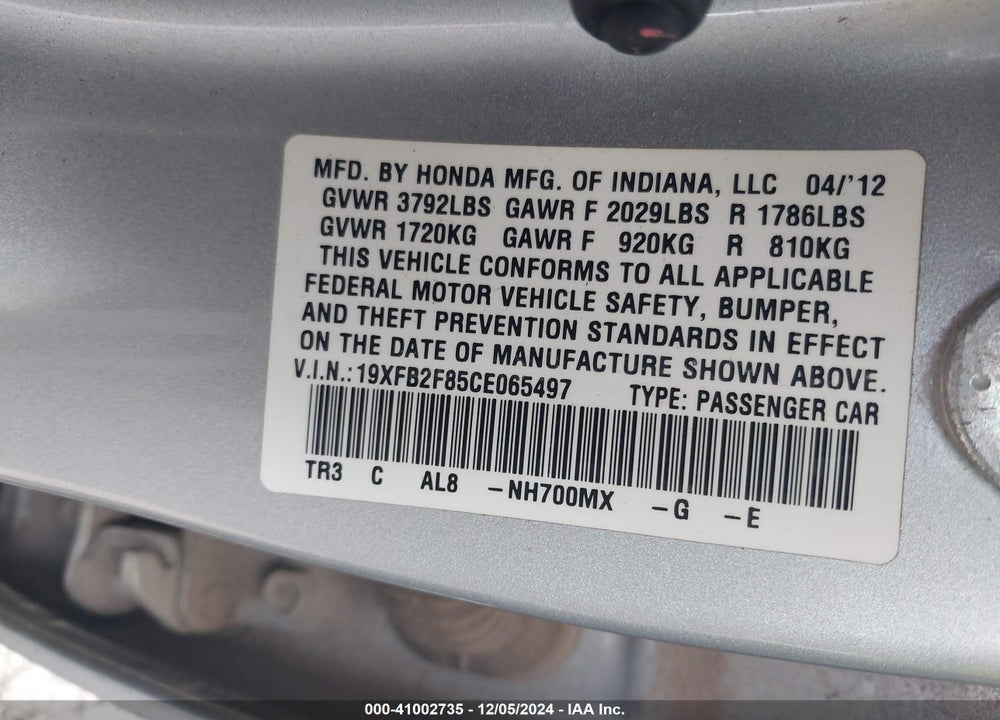 2012 HONDA CIVIC EX VIN: 19XFB2F85CE065497