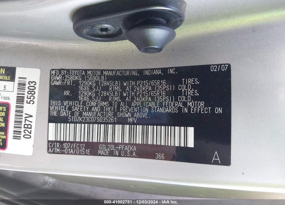 2007 TOYOTA SIENNA LE VIN: 5TDZK23C07S035261
