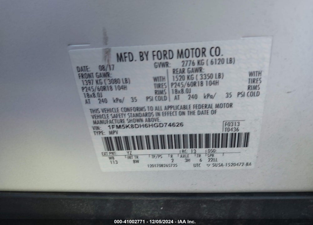 2017 FORD EXPLORER XLT VIN: 1FM5K8DH6HGD74626