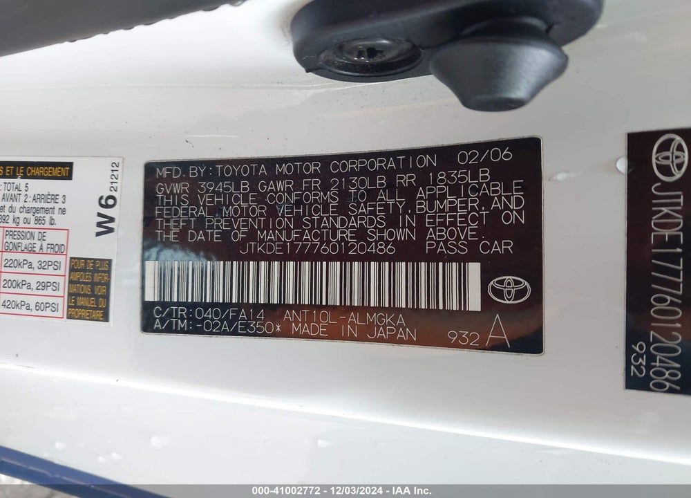 2006 SCION TC VIN: JTKDE177760120486
