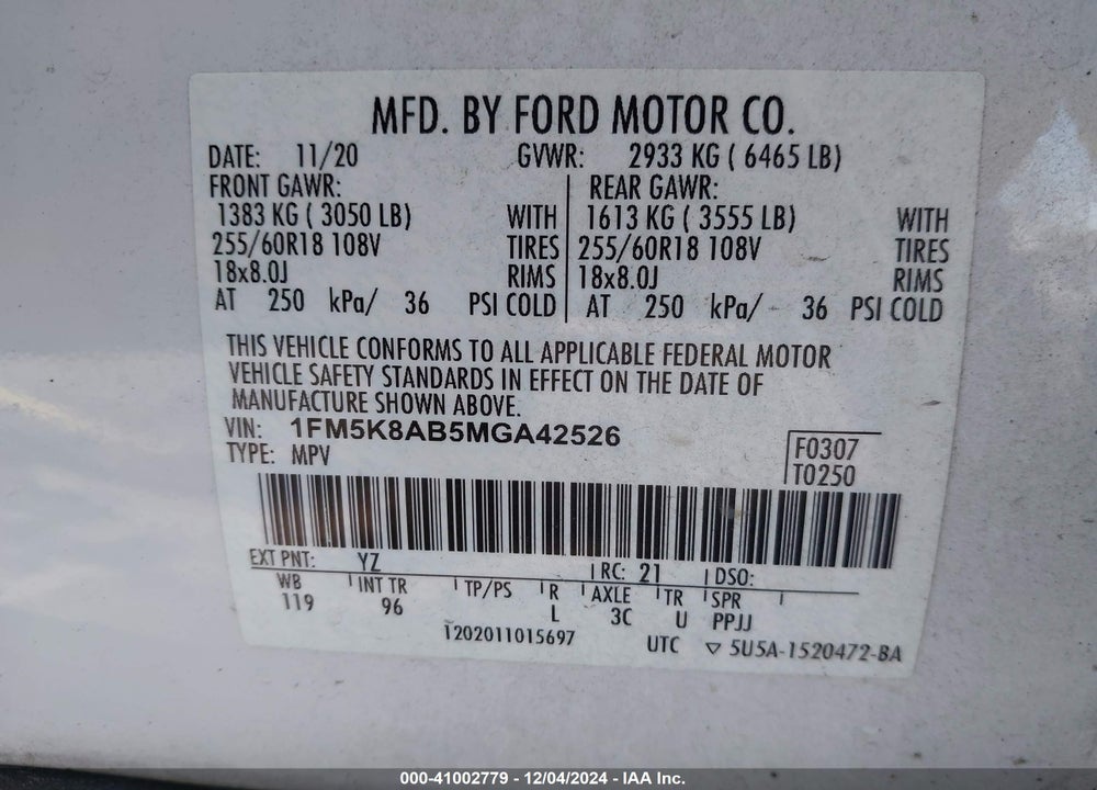 2021 FORD POLICE INTERCEPTOR UTILITY VIN: 1FM5K8AB5MGA42526