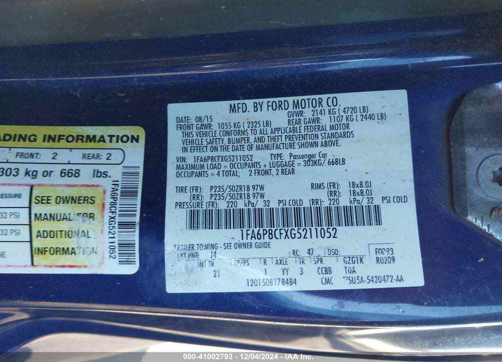2016 FORD MUSTANG VIN: 1FA6P8CFXG5211052