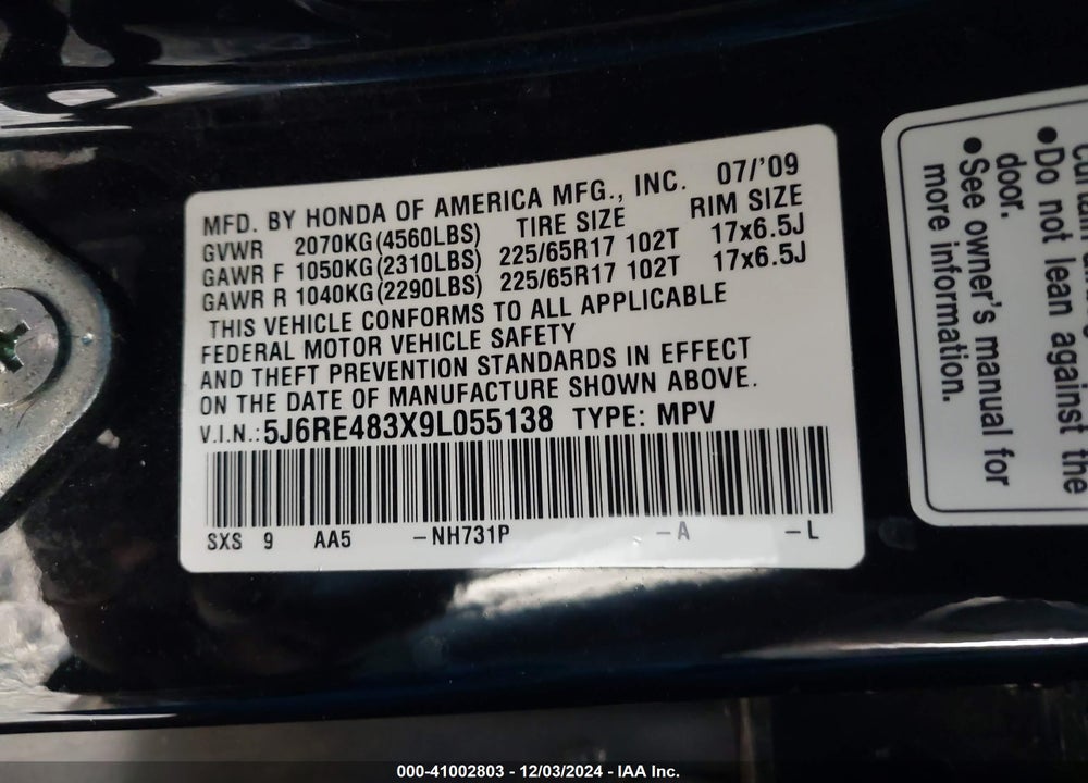 2009 HONDA CR-V LX VIN: 5J6RE483X9L055138