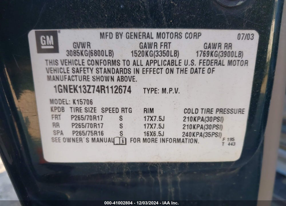 2004 CHEVROLET TAHOE Z71 VIN: 1GNEK13Z74R112674