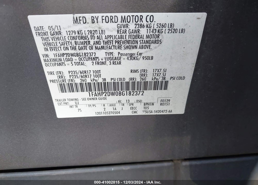 2011 FORD TAURUS SE VIN: 1FAHP2DW0BG182372