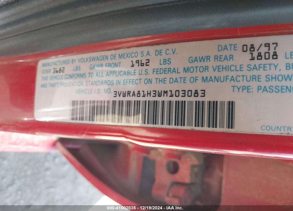 1998 VOLKSWAGEN JETTA GL VIN: 3VWRA81H3WM103083