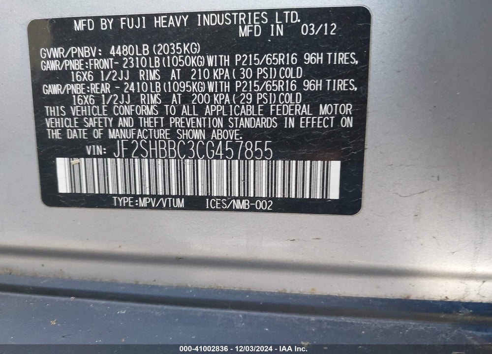 2012 SUBARU FORESTER 2.5X VIN: JF2SHBBC3CG457855