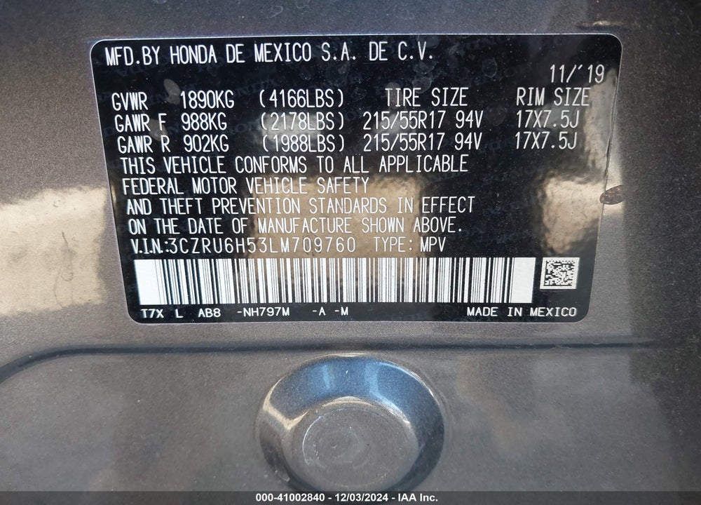 2020 HONDA HR-V AWD EX VIN: 3CZRU6H53LM709760