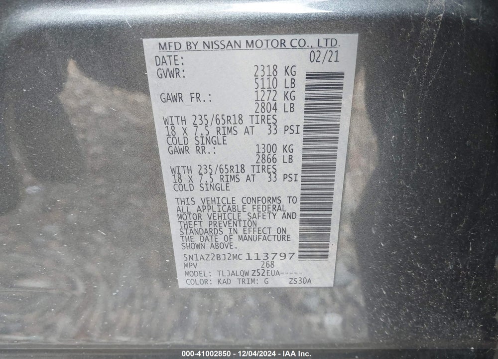 2021 NISSAN MURANO SV FWD VIN: 5N1AZ2BJ2MC113797