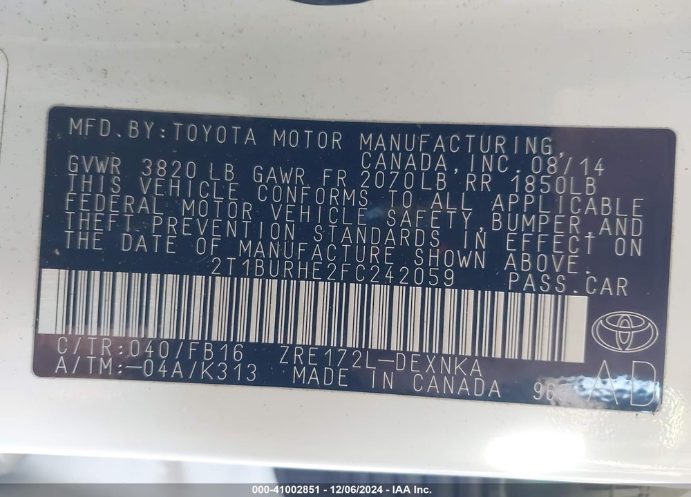 2015 TOYOTA COROLLA LE VIN: 2T1BURHE2FC242059