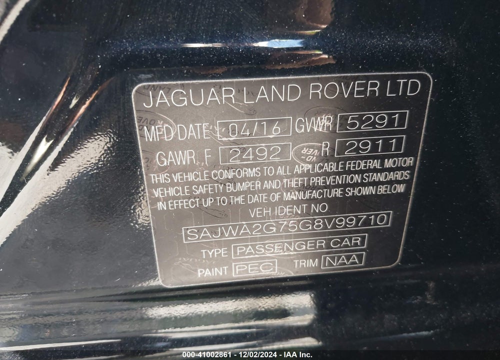 2016 JAGUAR XJ XJL PORTFOLIO VIN: SAJWA2G75G8V99710