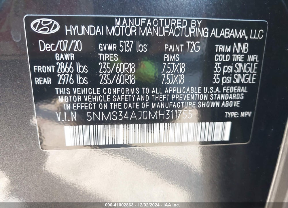 2021 HYUNDAI SANTA FE SEL VIN: 5NMS34AJ0MH311755