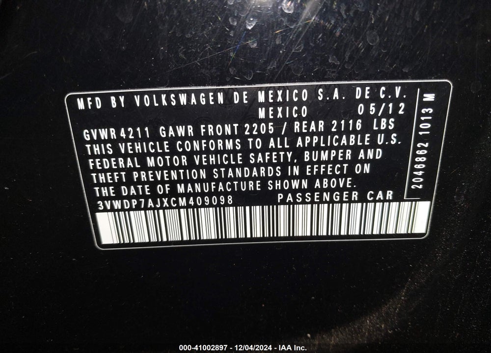2012 VOLKSWAGEN JETTA 2.5L SE VIN: 3VWDP7AJXCM409098