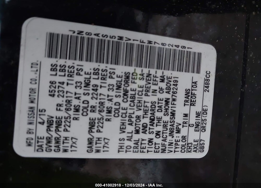 2015 NISSAN ROGUE SELECT S VIN: JN8AS5MV1FW762491