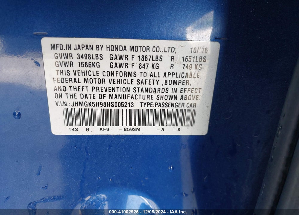 2017 HONDA FIT EX-L VIN: JHMGK5H98HS005213