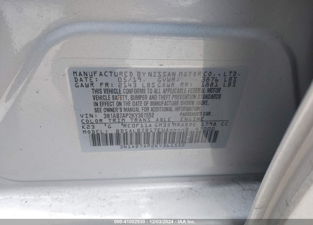 2019 NISSAN SENTRA VIN: 3N1AB7AP2KY361552