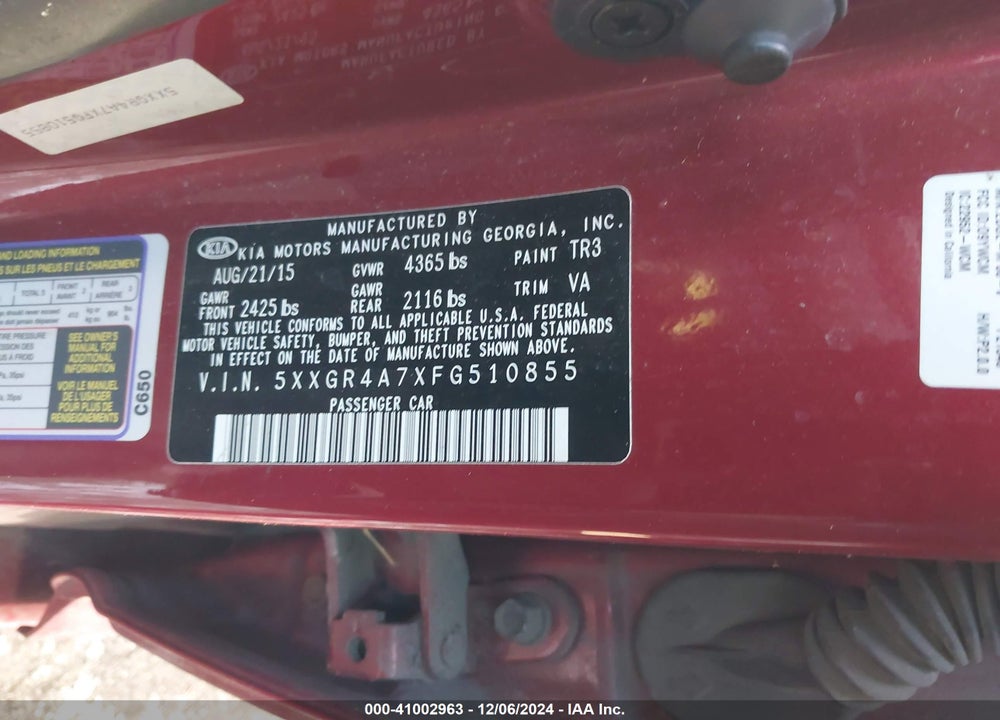 2015 KIA OPTIMA VIN: 5XXGR4A7XFG510855