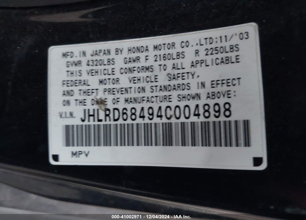 2004 HONDA CR-V LX VIN: JHLRD68494C004898