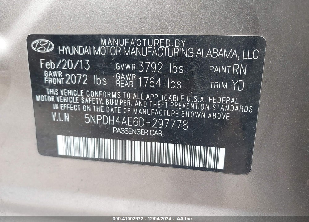 2013 HYUNDAI ELANTRA VIN: 5NPDH4AE6DH297778