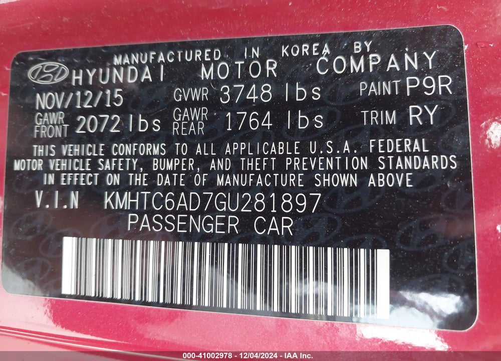 2016 HYUNDAI VELOSTER VIN: KMHTC6AD7GU281897