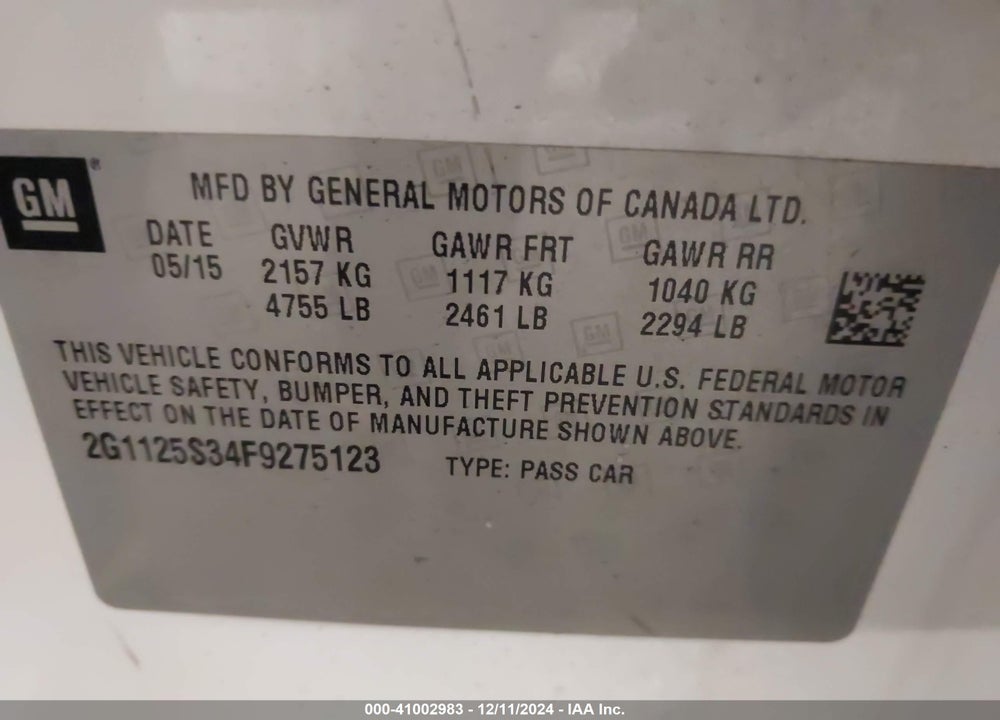 2015 CHEVROLET IMPALA 2LT VIN: 2G1125S34F9275123