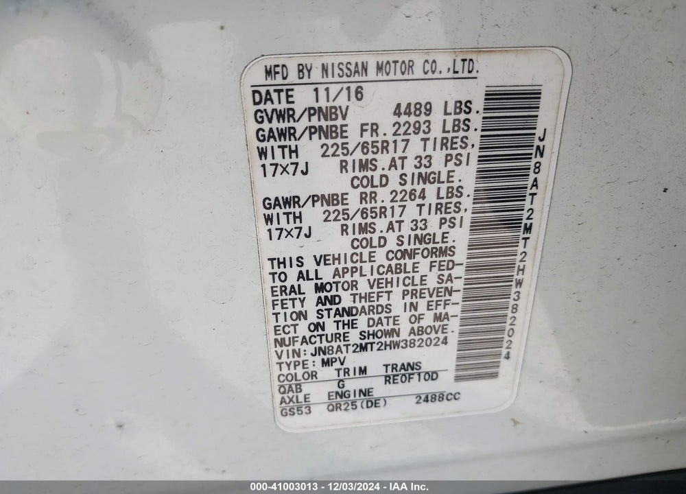 2017 NISSAN ROGUE SV VIN: JN8AT2MT2HW382024