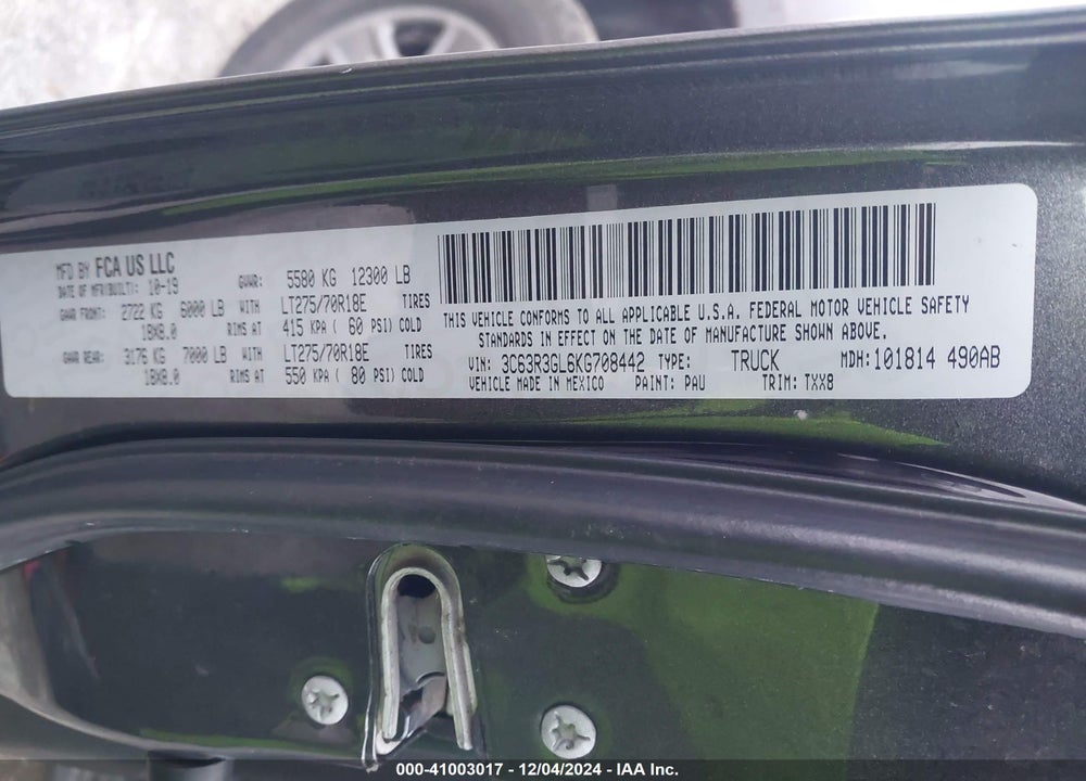2019 RAM 3500 TRADESMAN  4X4 8' BOX VIN: 3C63R3GL6KG708442