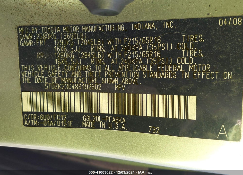 2008 TOYOTA SIENNA LE VIN: 5TDZK23C48S192602