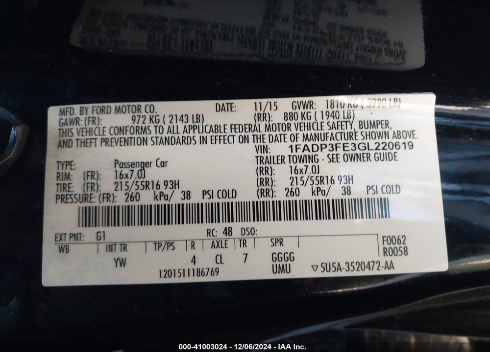 2016 FORD FOCUS SE VIN: 1FADP3FE3GL220619