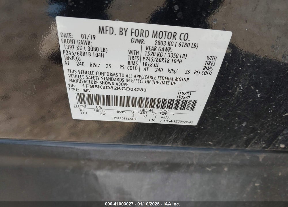 2019 FORD EXPLORER XLT VIN: 1FM5K8D82KGB04283