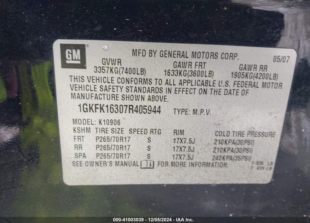 2007 GMC YUKON XL 1500 SLT VIN: 1GKFK16307R405944