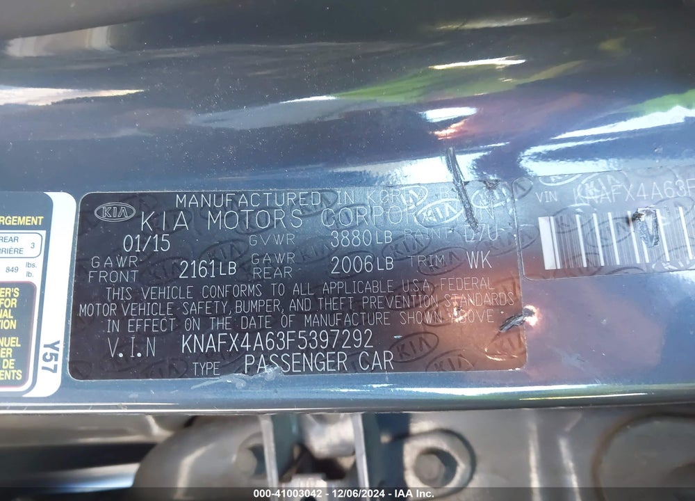 2015 KIA FORTE LX VIN: KNAFX4A63F5397292