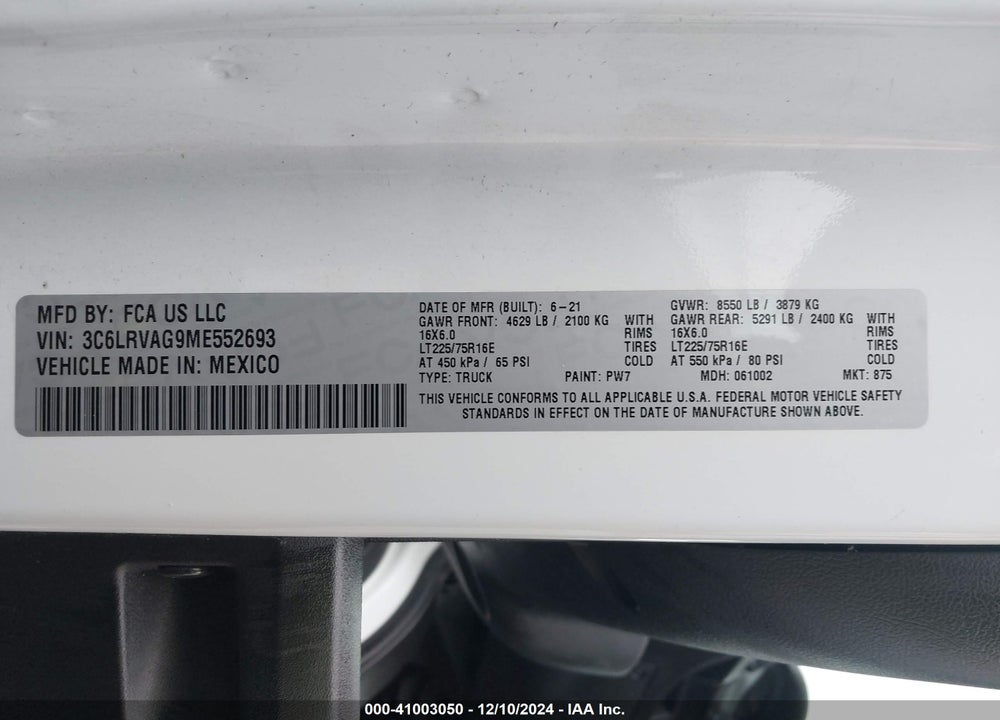 2021 RAM PROMASTER 1500 LOW ROOF 136 WB VIN: 3C6LRVAG9ME552693