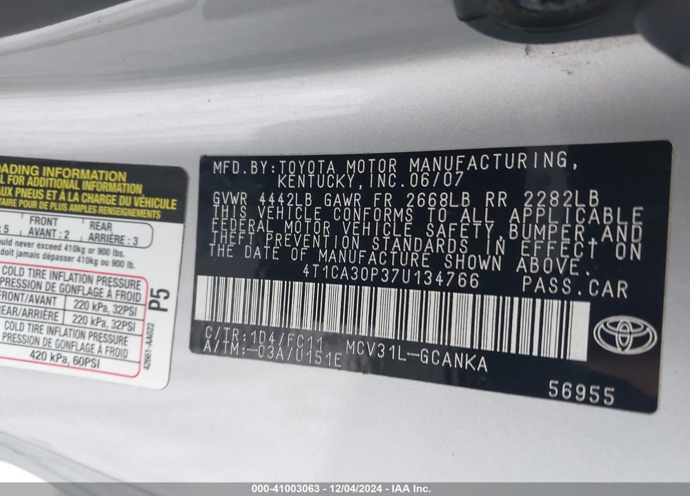 2007 TOYOTA CAMRY SOLARA SPORT V6 VIN: 4T1CA30P37U134766