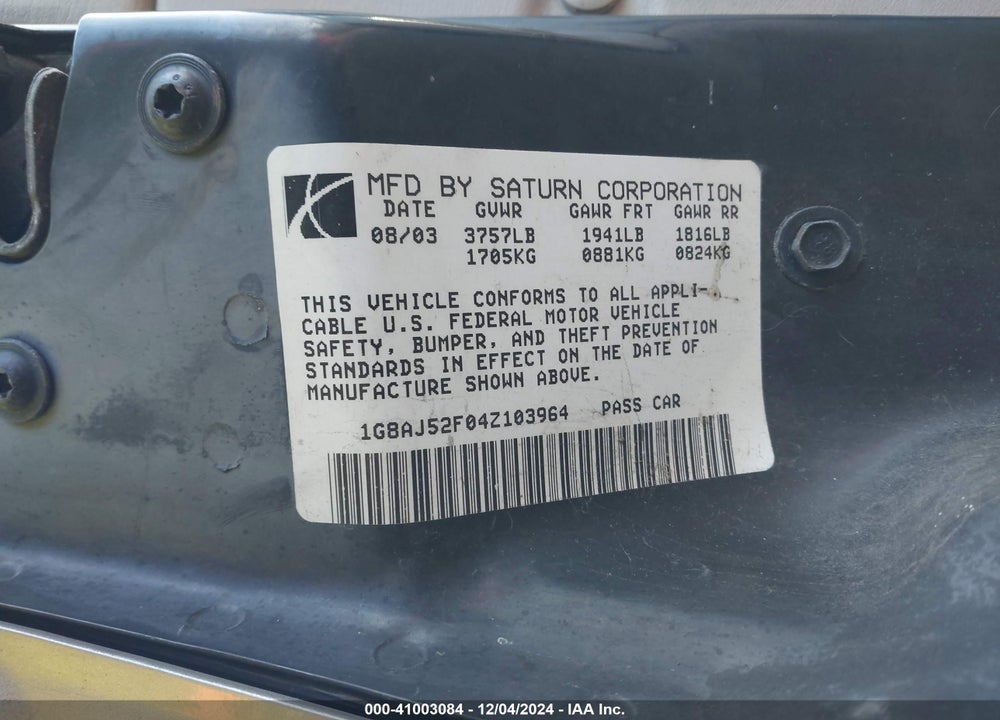 2004 SATURN ION 2 VIN: 1G8AJ52F04Z103964