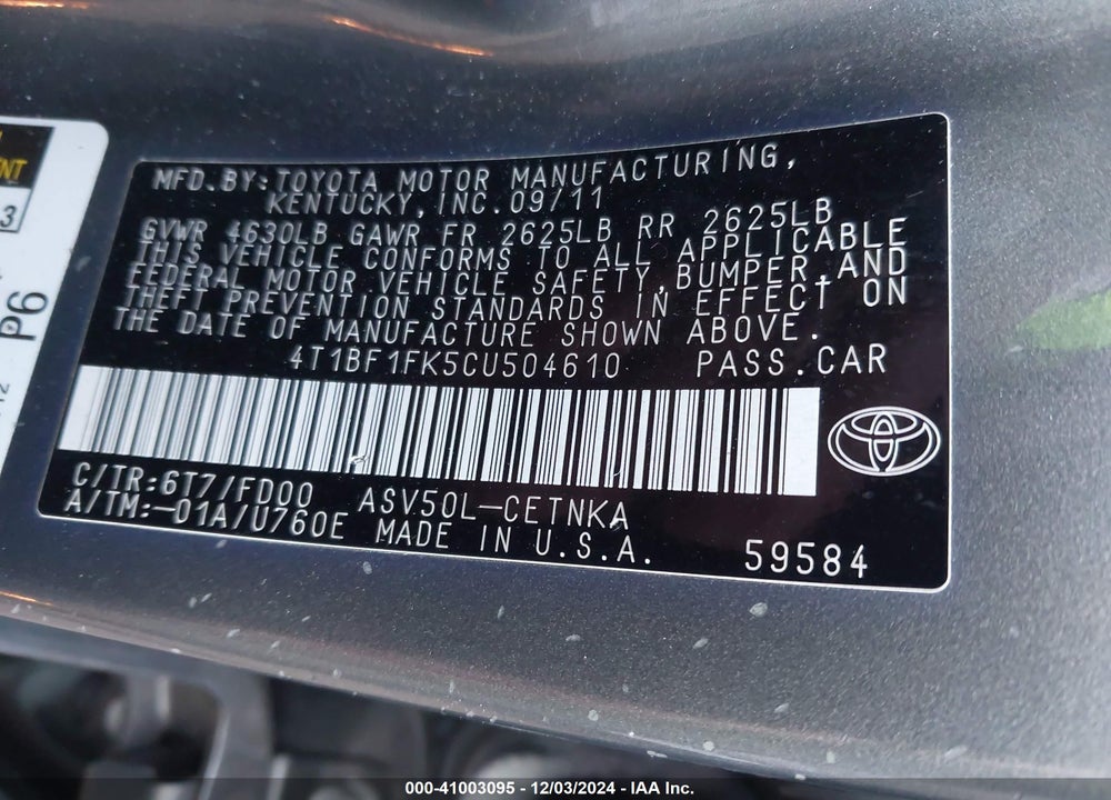 2012 TOYOTA CAMRY LE VIN: 4T1BF1FK5CU504610