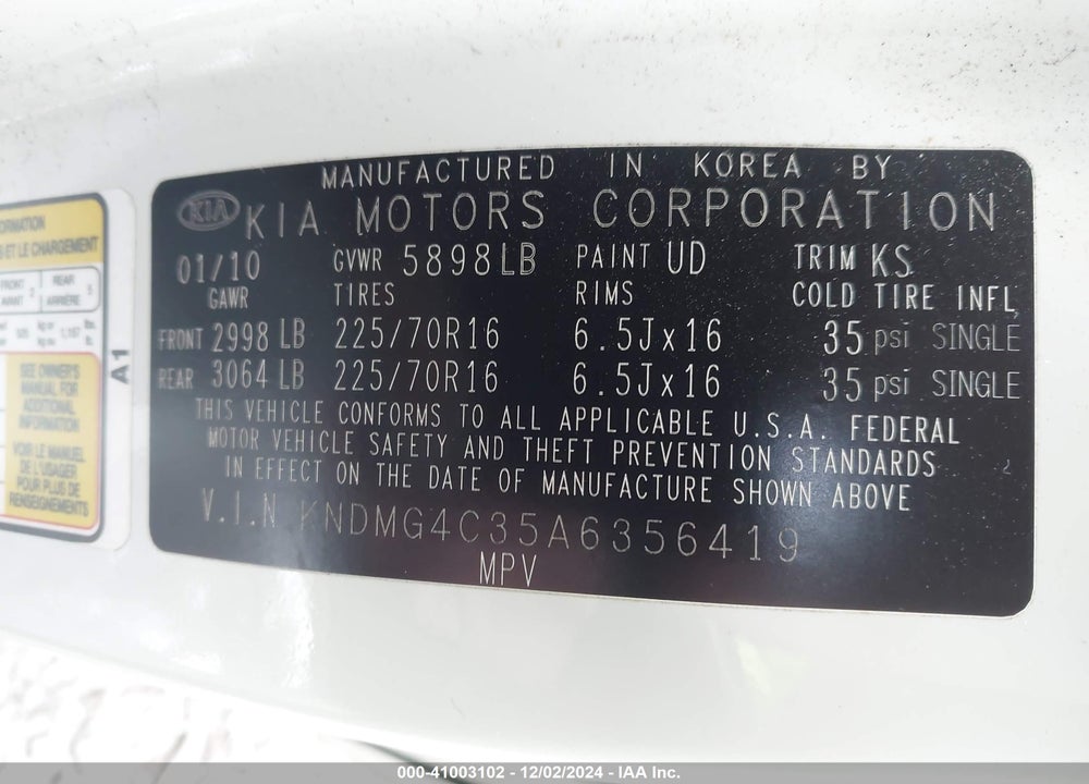 2010 KIA SEDONA LX VIN: KNDMG4C35A6356419