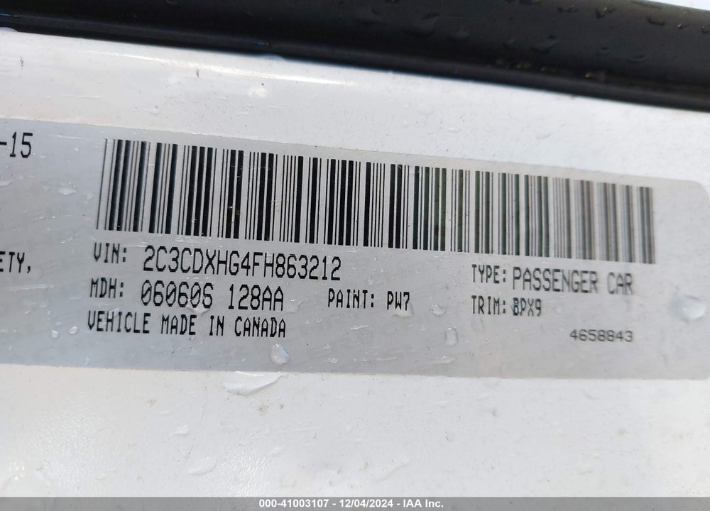 2015 DODGE CHARGER SXT VIN: 2C3CDXHG4FH863212