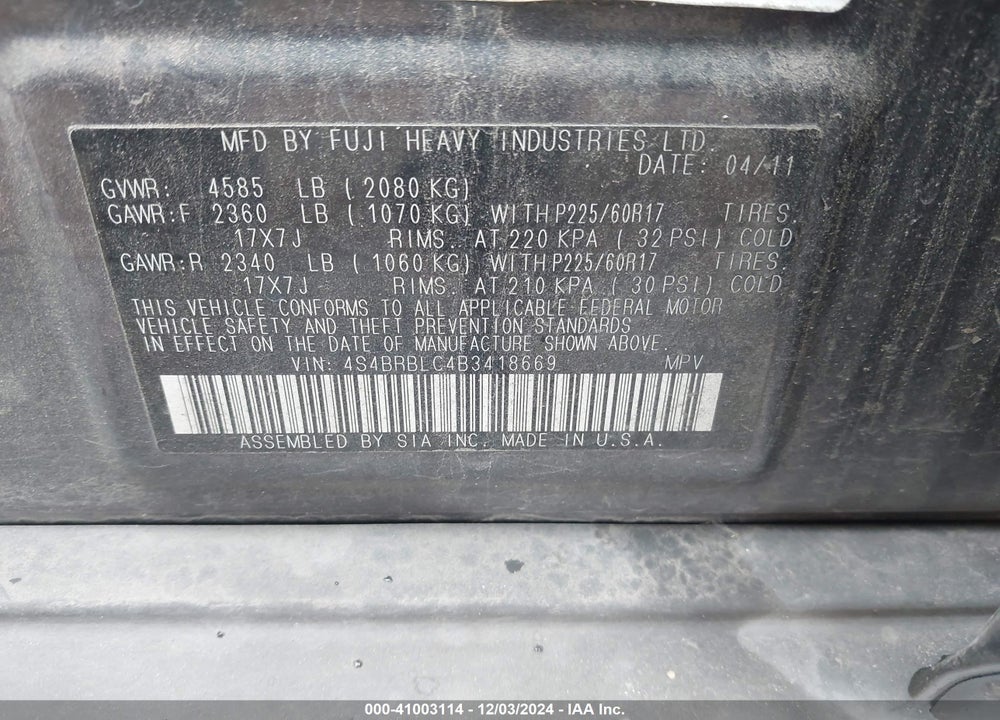 2011 SUBARU OUTBACK 2.5I LIMITED VIN: 4S4BRBLC4B3418669